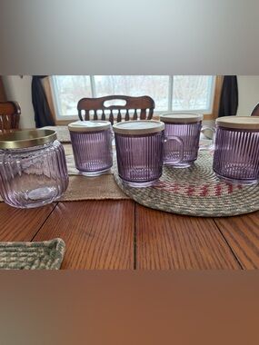 Purple Ribbed Glass mugs with Lids & 1 canister with gold lid